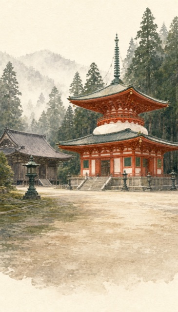 高野山を描いた水彩画